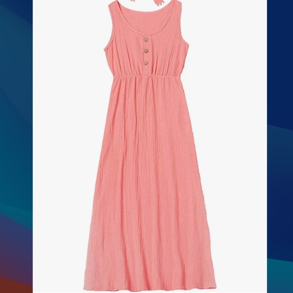 Mommy & Me (Size S) Coral/Pink Gauze  Button V-Neck Front Tank Maxi Dress